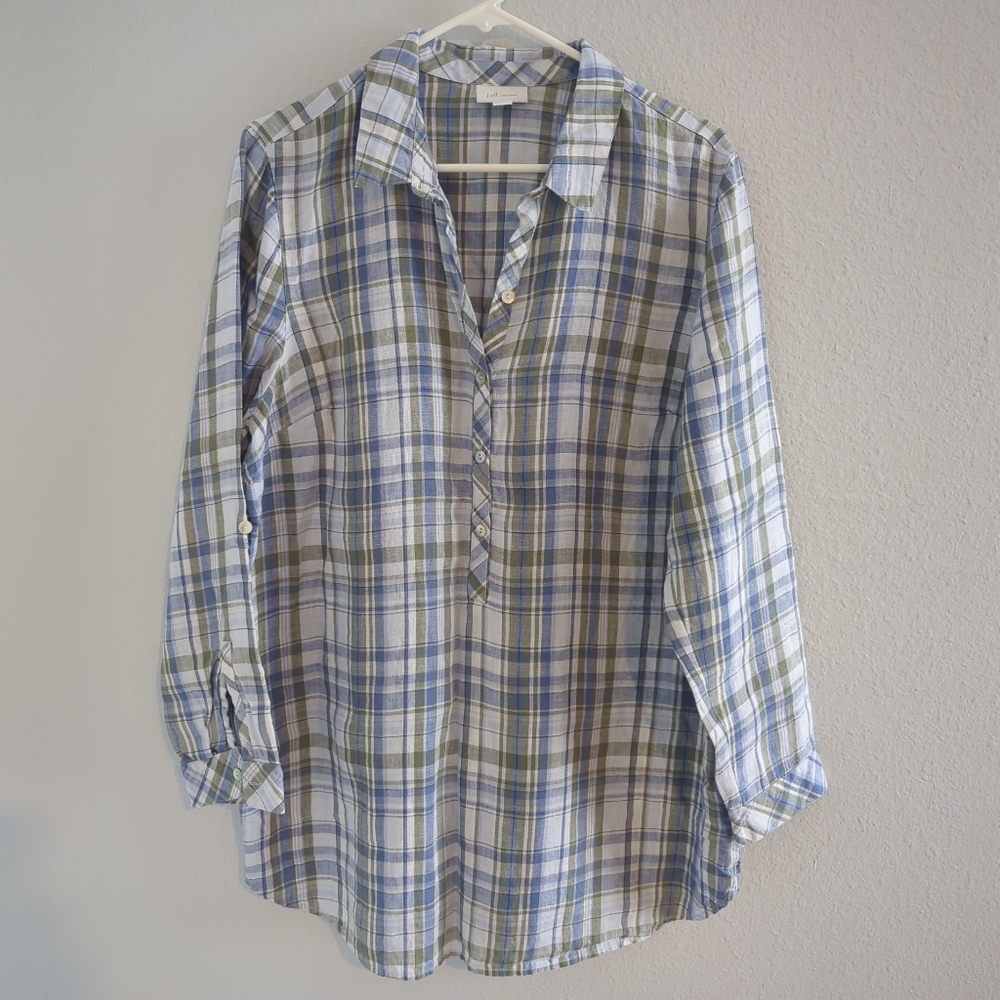 J. Jill Love Linen Shirt Tunic Half Button-down Plaid Blue Green Women's Large